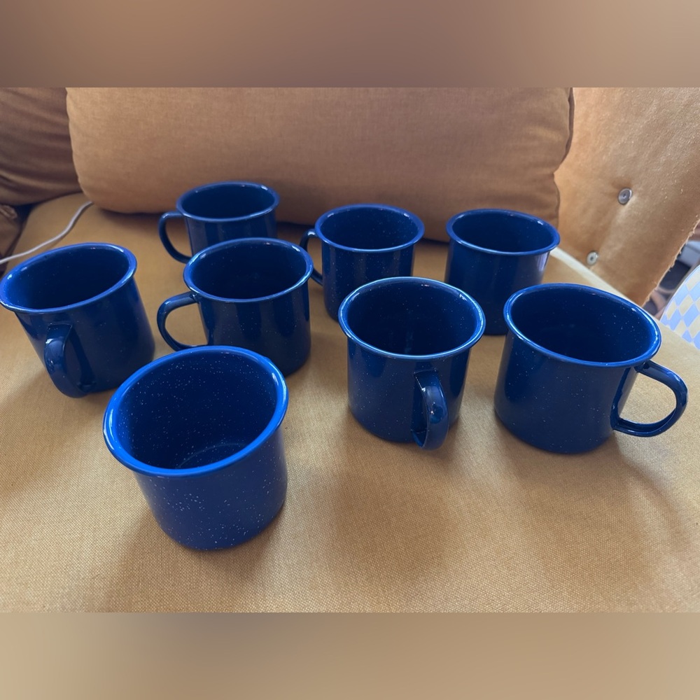 Set Of 8 Blue Speckled Enamelware/Metal Camping Cups (3in)